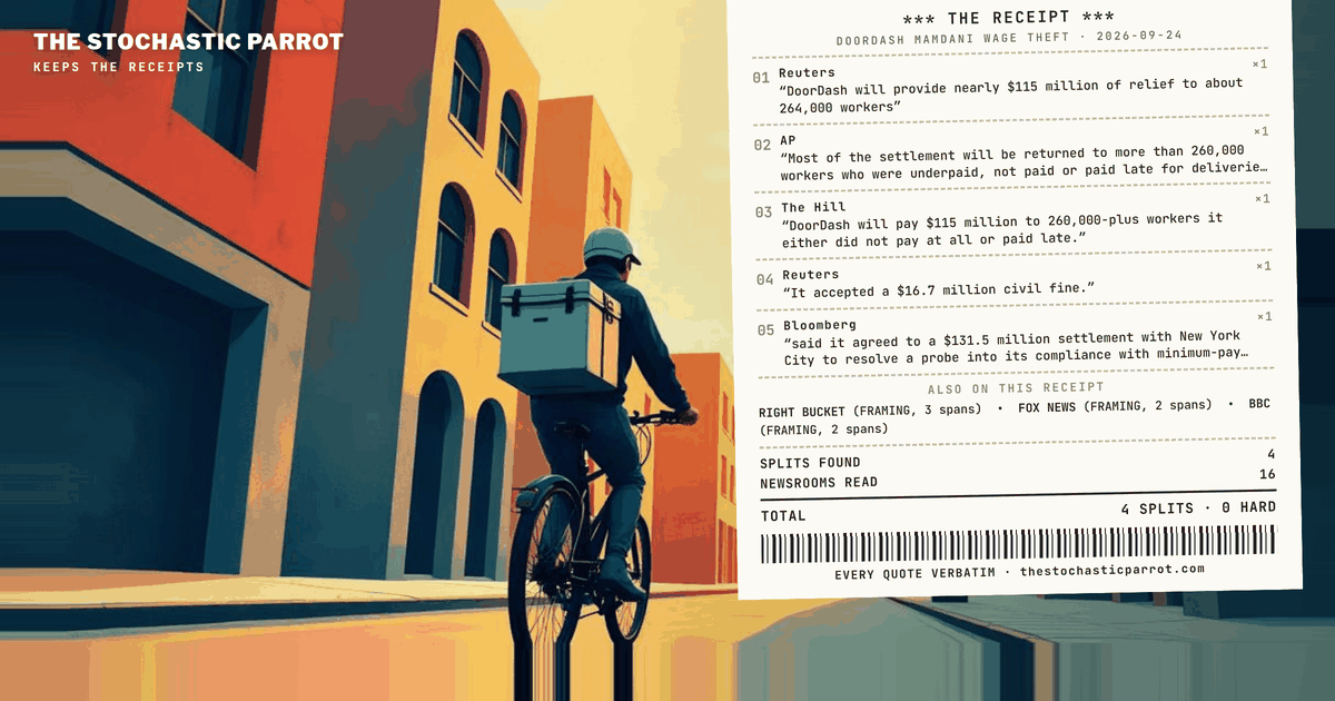 Sixteen outlets, by distinct masthead, filed on this settlement between September 22 and 23. Fifteen of them open with the same three props: a $131.5 million payout, a mayor at a podium, a superlative. The sixteenth opens with a campaign-finance filing, and it is alone in the corpus with it.
