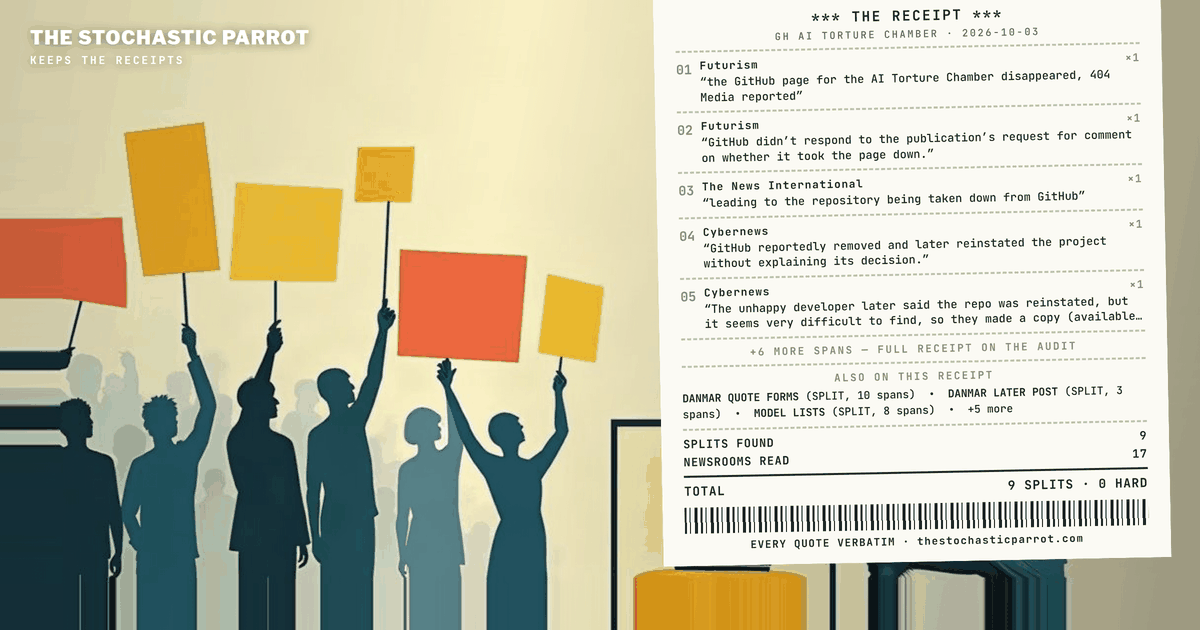 A GitHub repository reported as removed, as restored, and as never gone; a mass-report post that survives only as embeds; a model list that may belong to another site. What was said, what the record holds, what stays open.