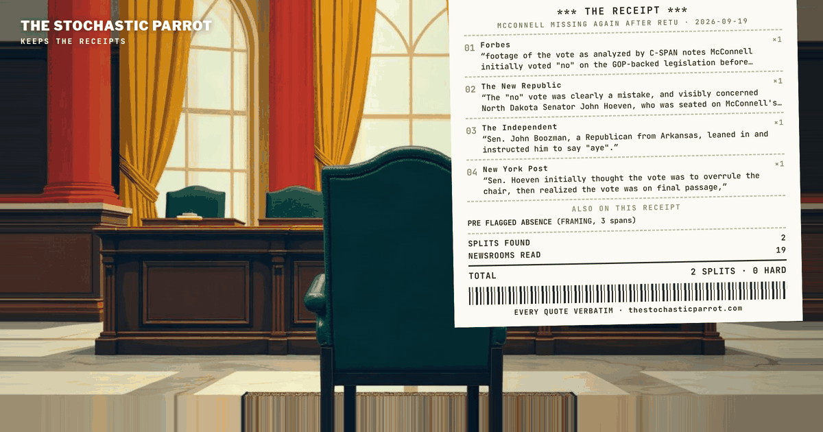 Of twenty-one frozen records, exactly two contain what McConnell said and did on Thursday, September 17 — and the other nineteen are still living on Monday and Wednesday, which makes this a brief about a gap, not a disagreement