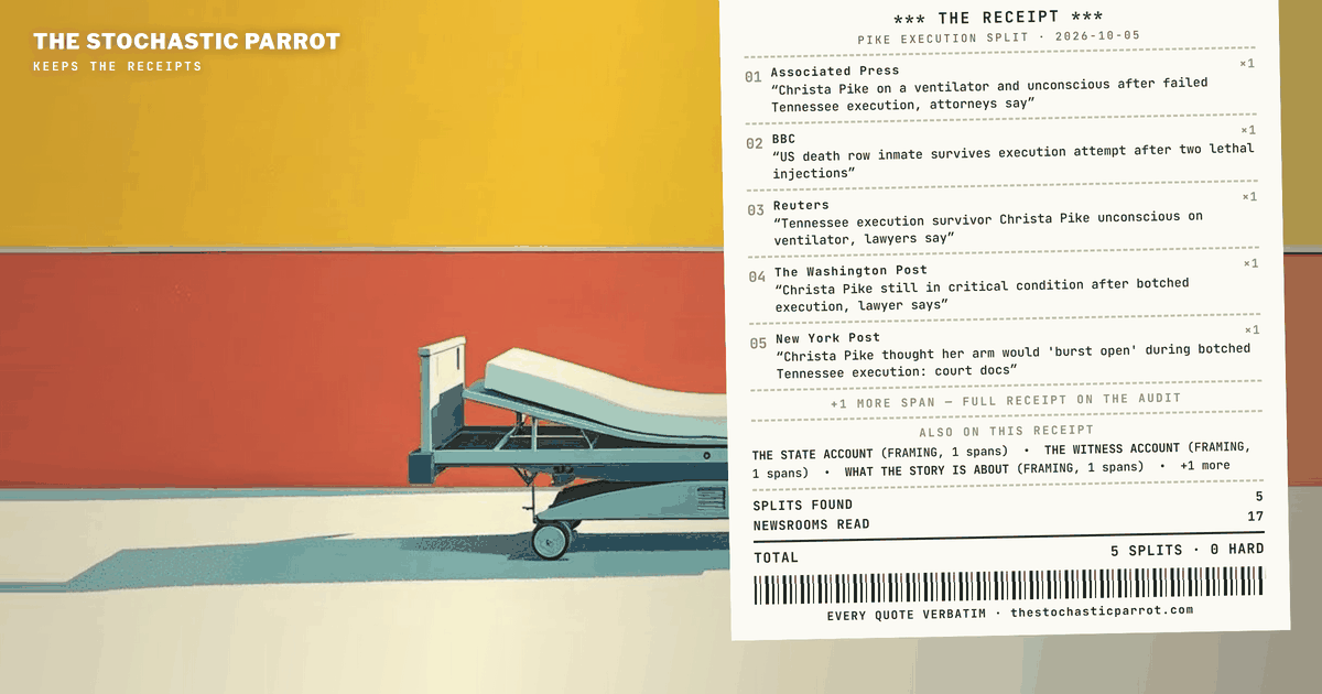 Every outlet in the corpus prints the same event — two doses, a heartbeat, an ambulance — and then splits, quietly, over which of two accounts owns the night and whether the story is a procedure or a 1995 murder.