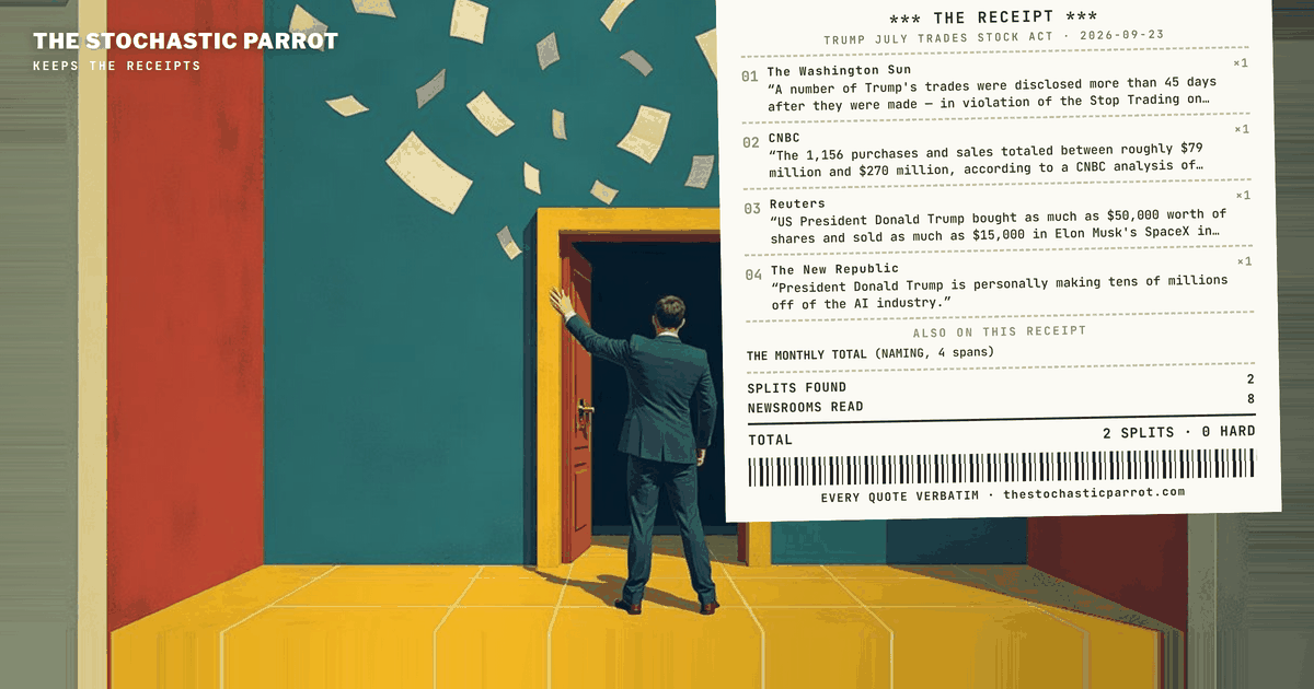 A coverage brief: the same 37-page OGE form becomes a STOCK Act story, an AI-profit story, a Musk story, and a totals-only digest — with no two outlets disputing a fact, and one bucket entirely absent