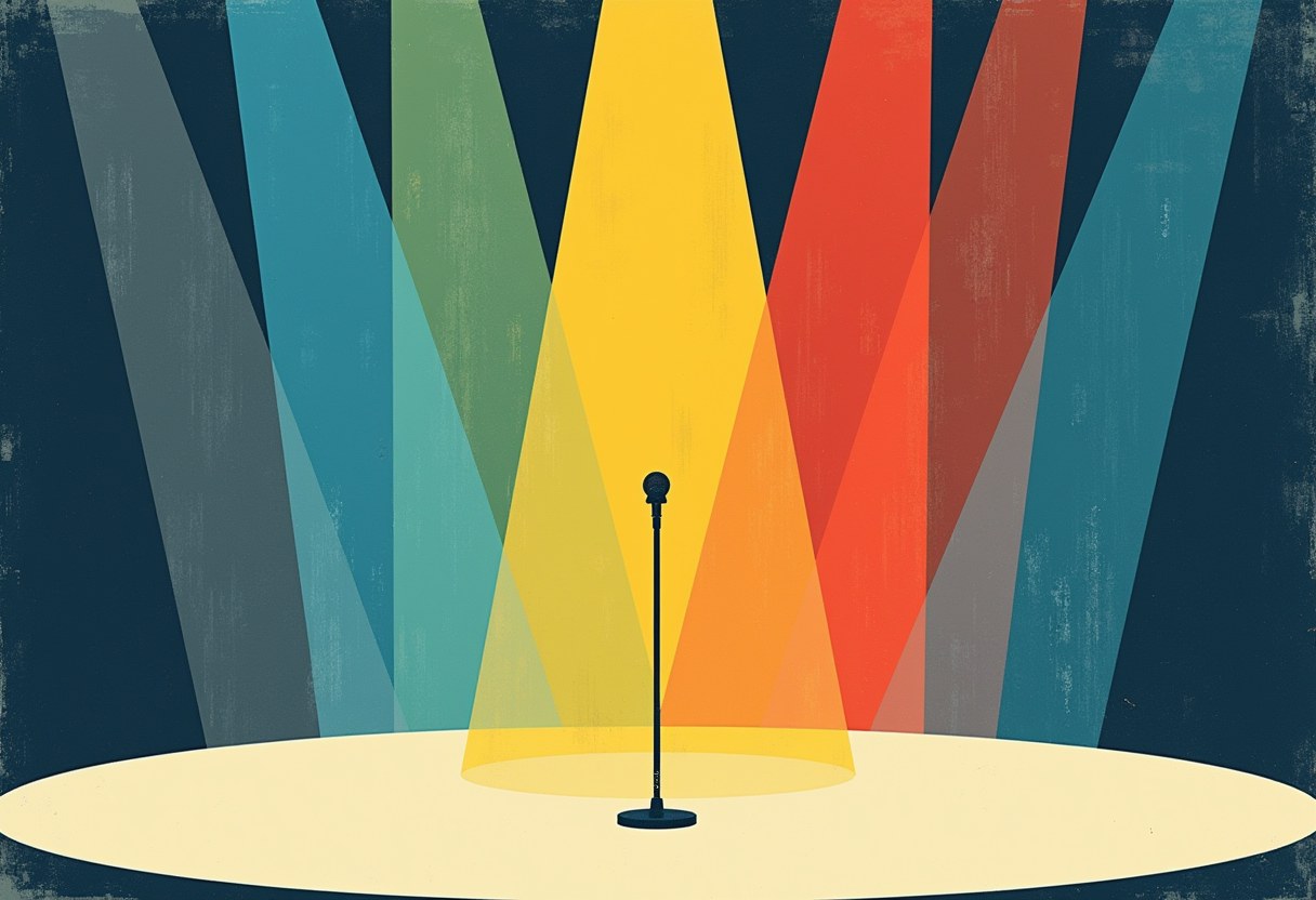 A single microphone on a stand at center stage, lit by overlapping triangular spotlights in yellow, orange, red, teal, and gray against a dark blue background.