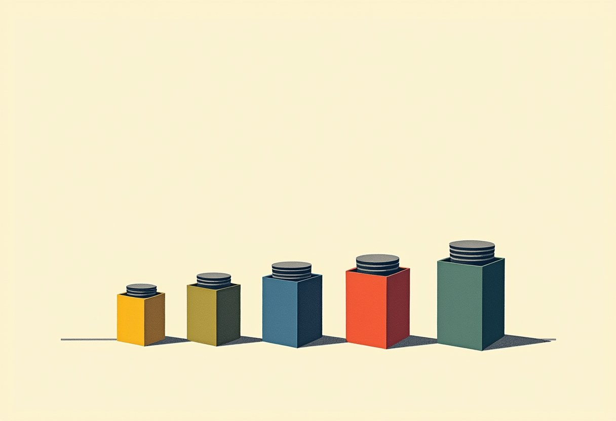 Five 3D bar-chart-like blocks of increasing height, colored yellow, olive, blue, orange, and teal, each topped with a stack of dark coin-like discs, on a pale cream background.