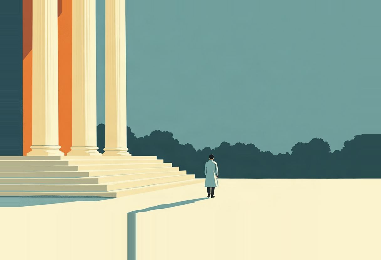 A small figure in a pale coat walks away from tall cream and orange columns on wide steps, under a teal sky above a dark treeline.