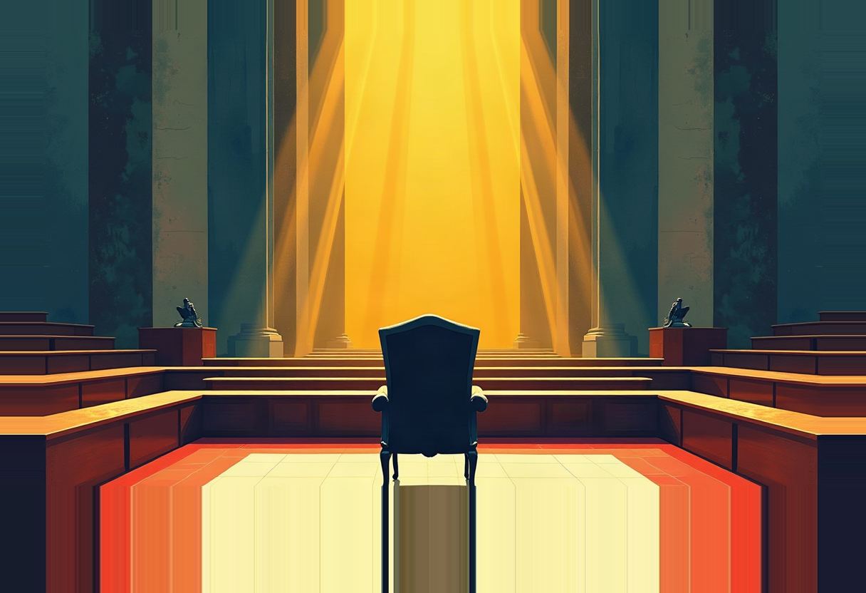 An empty dark high-backed chair sits alone on a courtroom-like dais between rows of wooden benches, with tall columns and bright yellow light beaming down behind it.