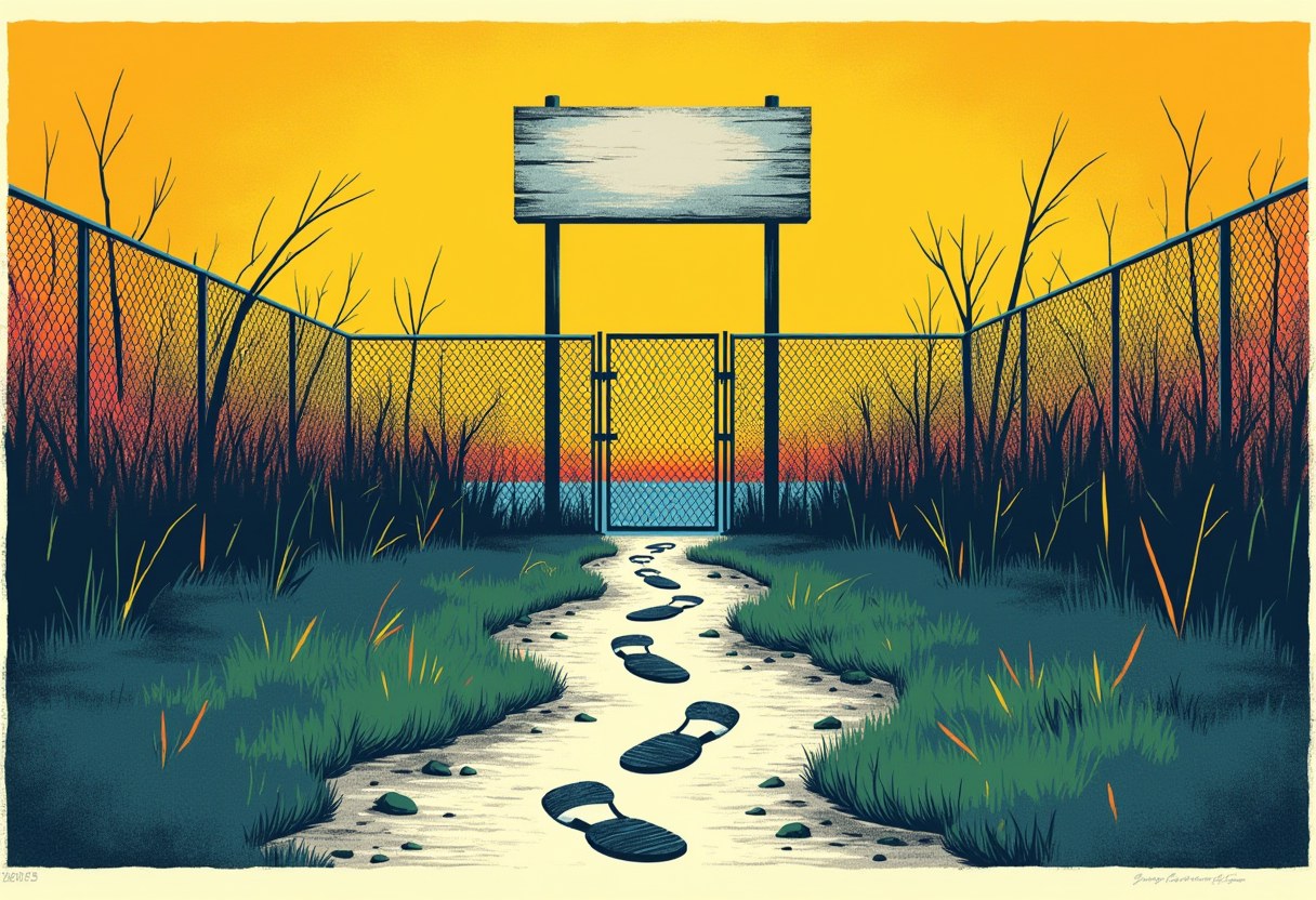 Illustration of a chain-link fence gate with a blank sign above it, an open path with sandal footprints leading through marsh grass toward a sunset-lit horizon.