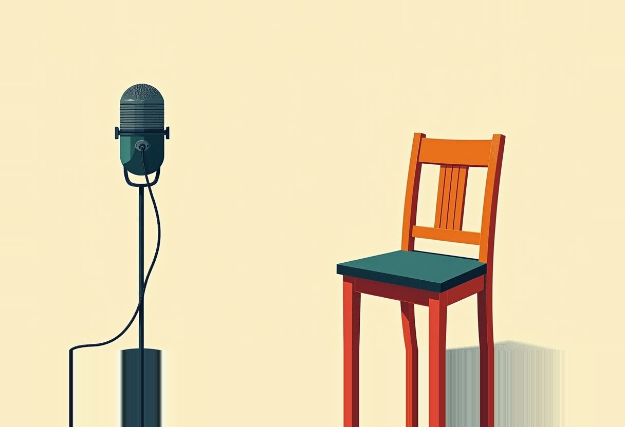 A vintage microphone on a stand faces an empty orange wooden chair with a teal seat, against a plain pale yellow background.