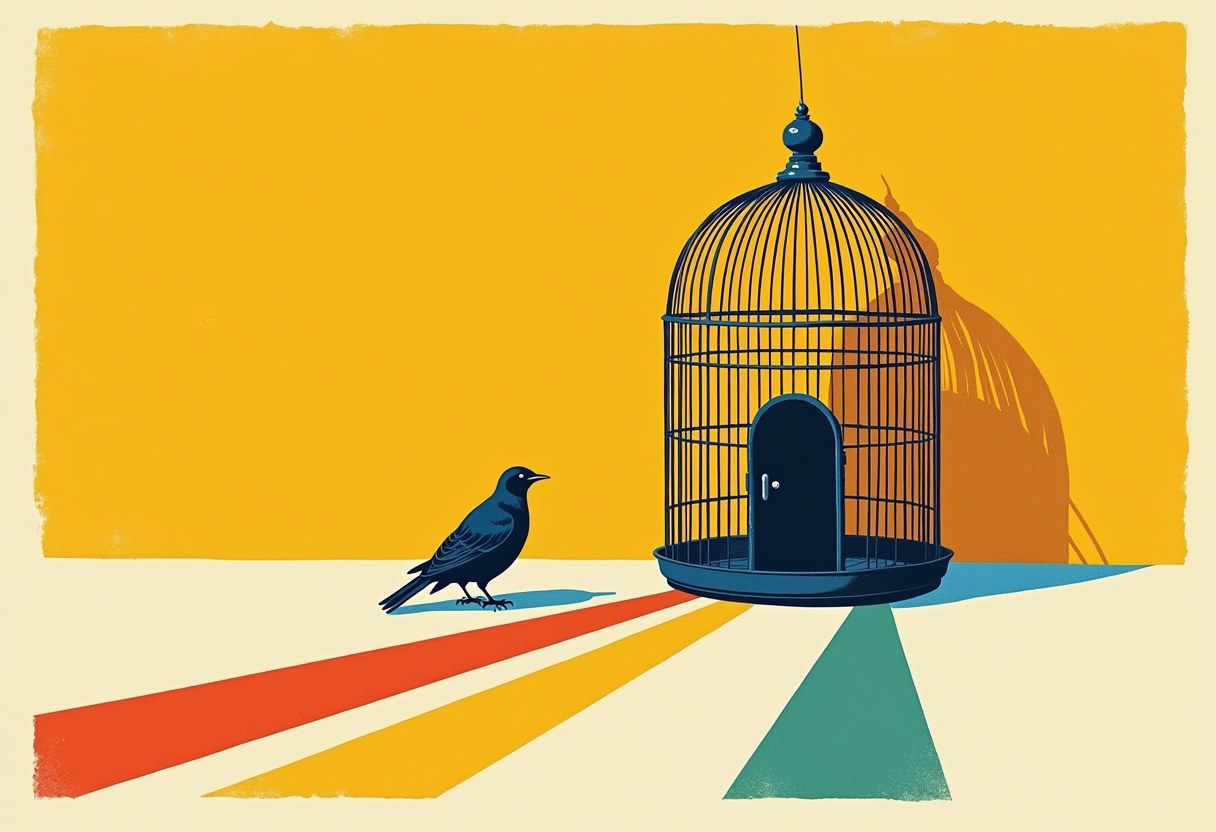 A dark blue bird stands outside an open, empty birdcage on a yellow background, with red, yellow, and green stripes fanning out beneath them.