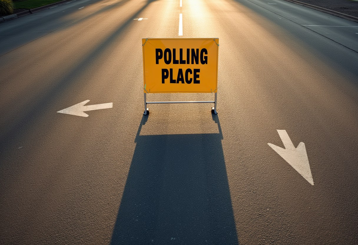 A yellow 'POLLING PLACE' sign stands on an empty road at sunset, casting a long shadow, with white arrows pointing left and right on the pavement.