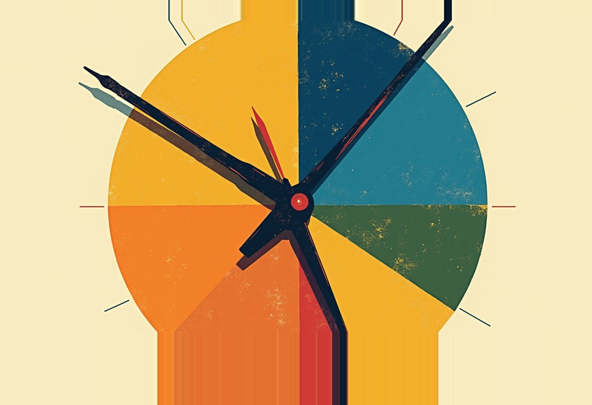 A stylized clock face divided into orange, yellow, blue, teal, and green wedges with a red center and dark hour and minute hands crossing near ten o'clock.