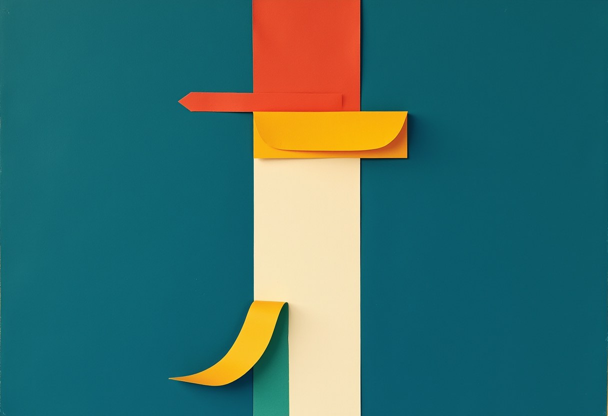 Paper-cutout collage on teal: a vertical cream column topped by orange and yellow paper shapes with a left-pointing arrow, and a curled yellow strip peeling off the column's lower left edge.