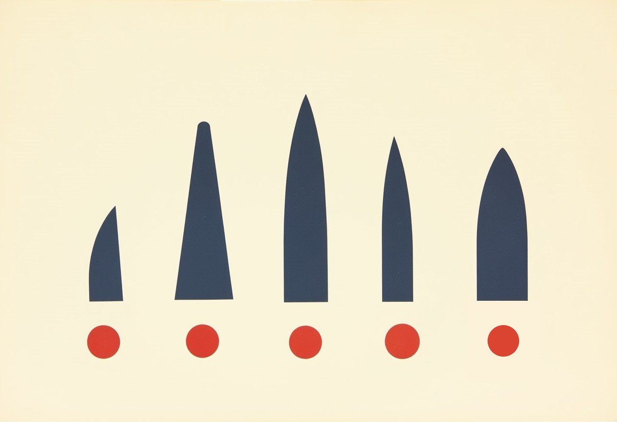 Five tall dark-blue spike shapes of varying widths and heights stand above five small red circles, on a cream background.