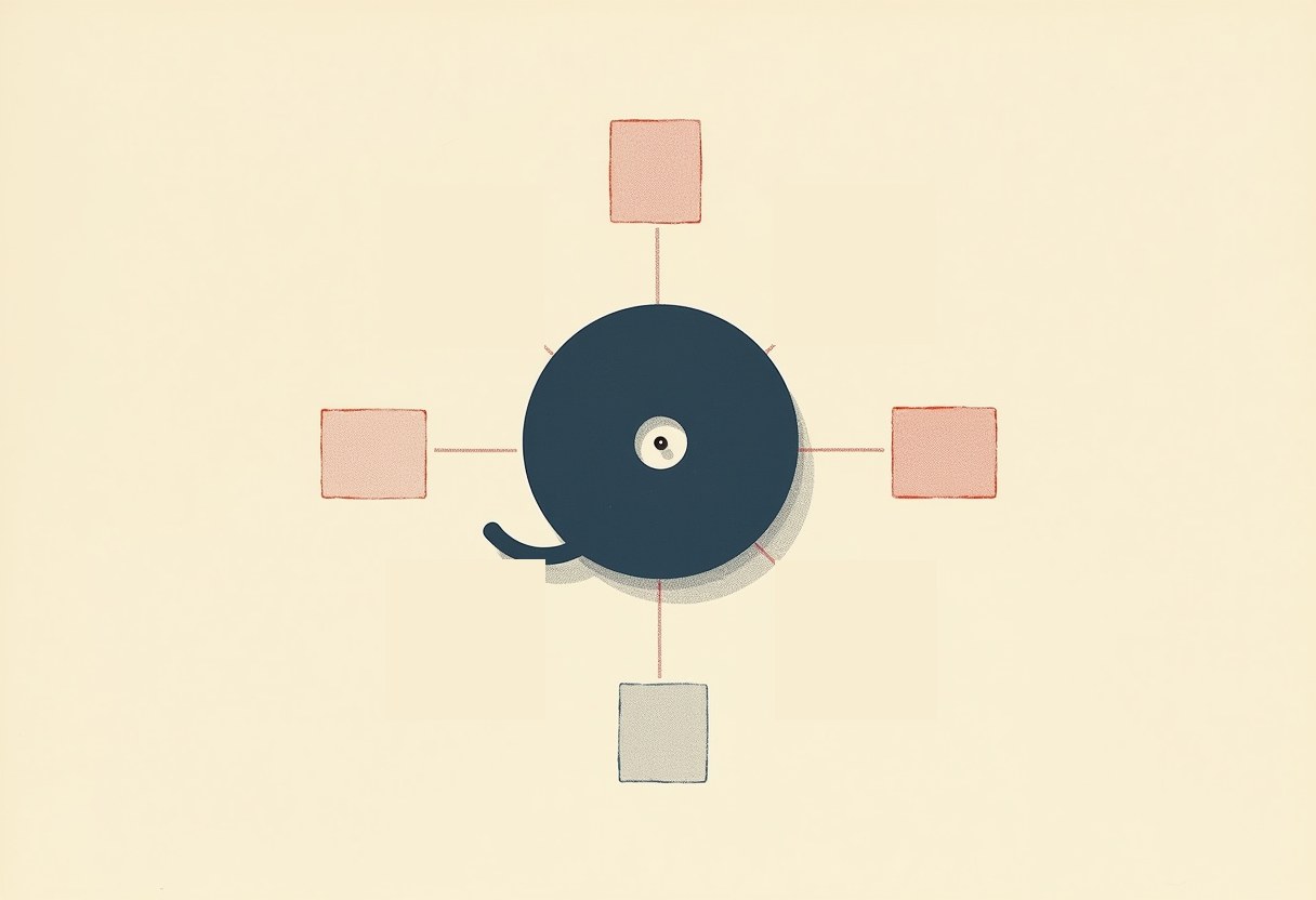 A dark blue circle with one small eye and a curled tail sits at the center of four thin lines connecting to three pink squares and one gray square, on a cream background.