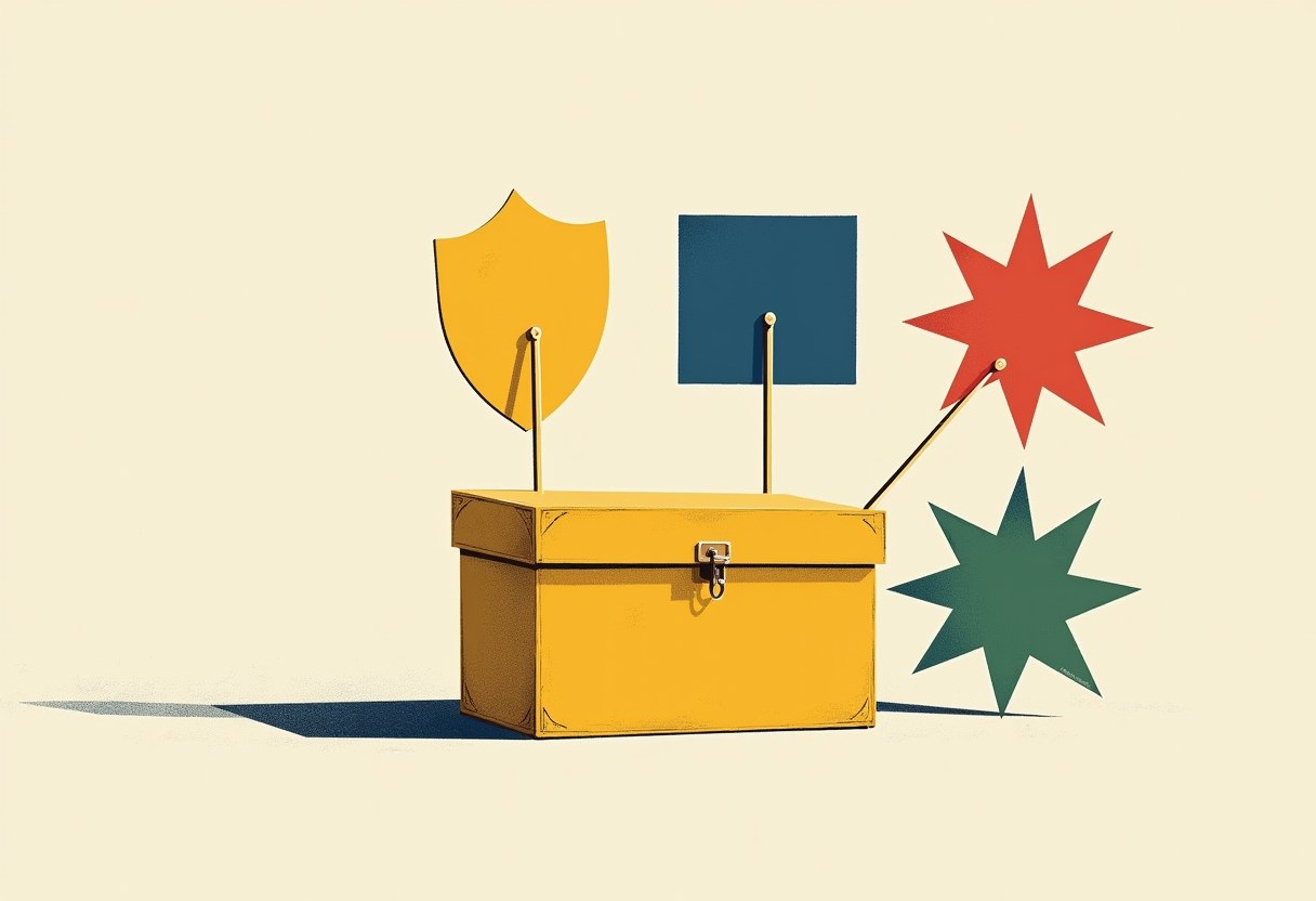 A yellow latched trunk with a shield and rectangle mounted on sticks behind it, beside a red and a teal starburst shape, on a cream background.