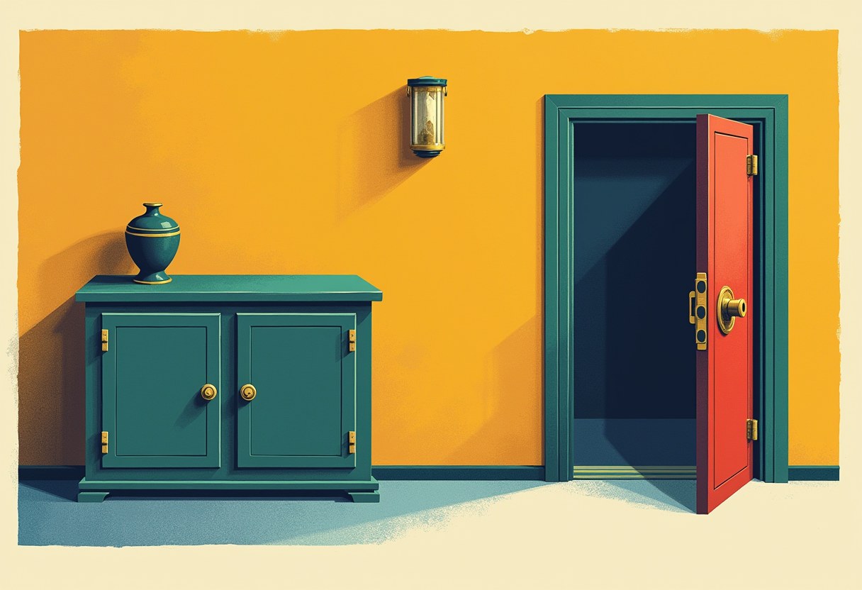 A red door with brass hardware stands ajar in a teal frame on an orange wall, beside a wall lantern and a teal cabinet topped with a vase.