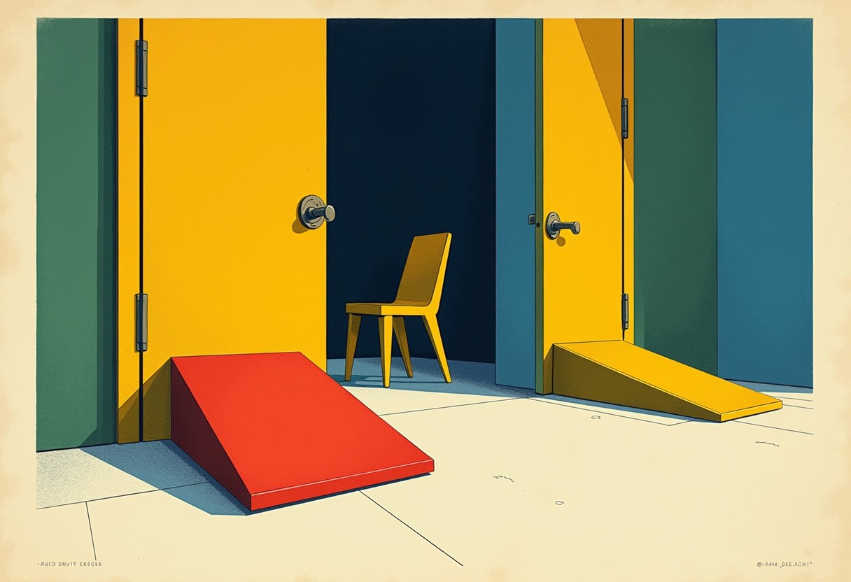 Two open doors with a red wedge ramp and a yellow wedge ramp on the floor before them, a yellow chair standing between the doorways.