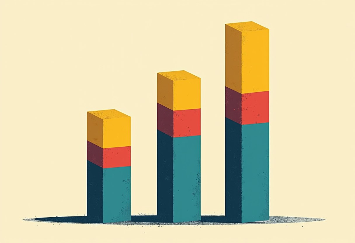 Three ascending 3D bar-chart columns, each striped teal, red, and yellow from base to top, casting shadows on a pale yellow background.