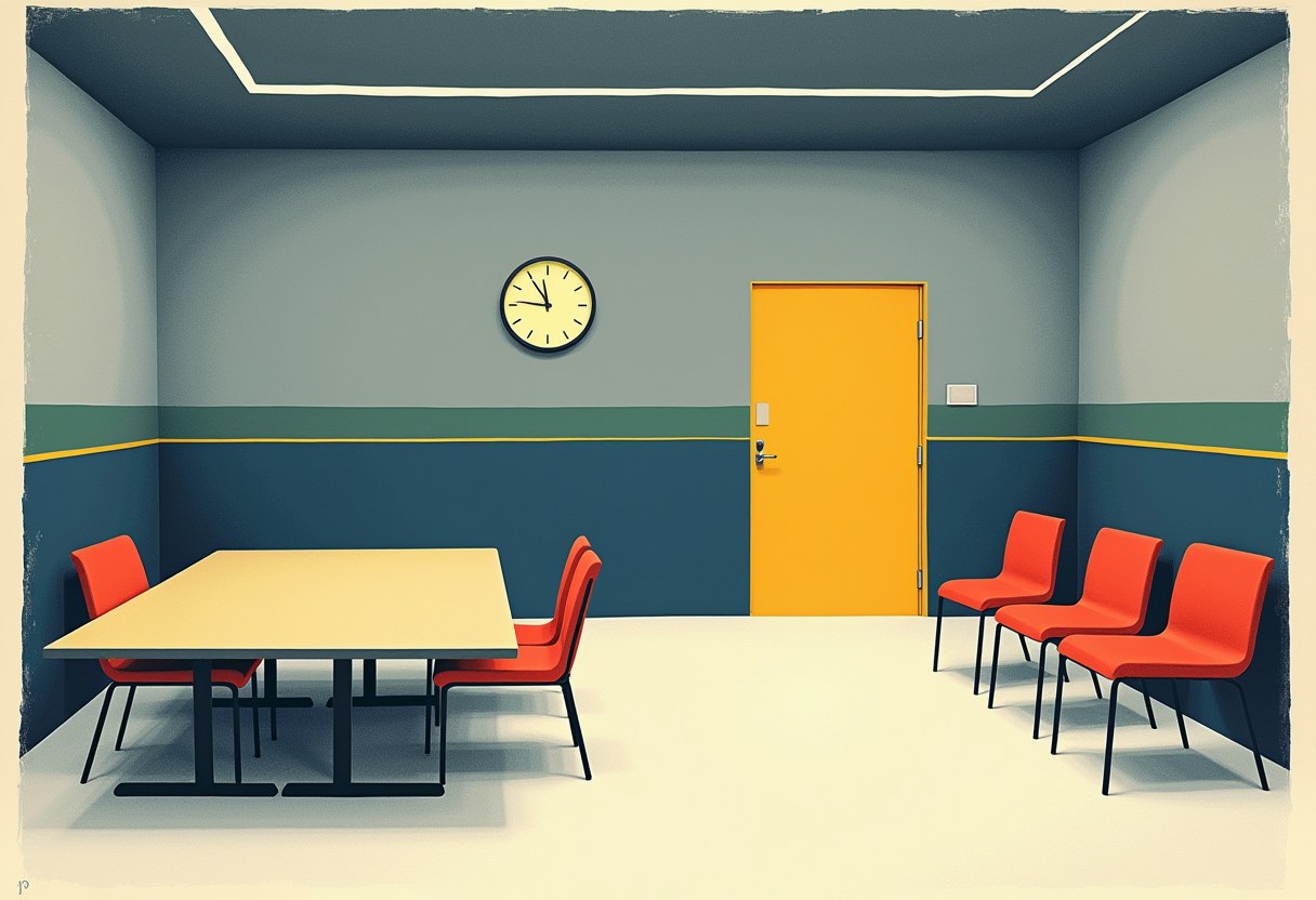 An empty room with a beige table and two red chairs on the left, three more red chairs against the right wall, a wall clock, and a yellow door.