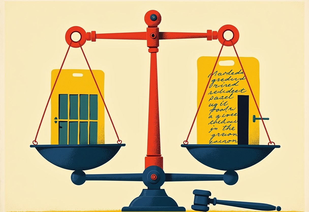 A red balance scale on a cream background weighs a yellow card with a barred window against a yellow card with illegible handwritten text and a black redaction bar, with a gavel resting below.