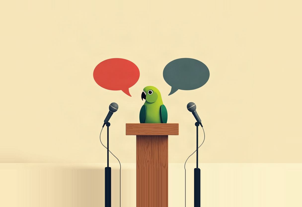 A green parrot stands on a wooden podium between two microphones, with an empty red speech bubble on its left and a dark teal speech bubble on its right, against a pale yellow background.