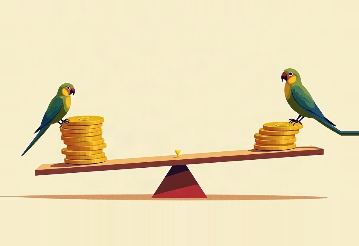 Two green parrots perch on opposite ends of a seesaw balanced on a red triangular fulcrum, each standing on a stack of gold coins on a tan background.