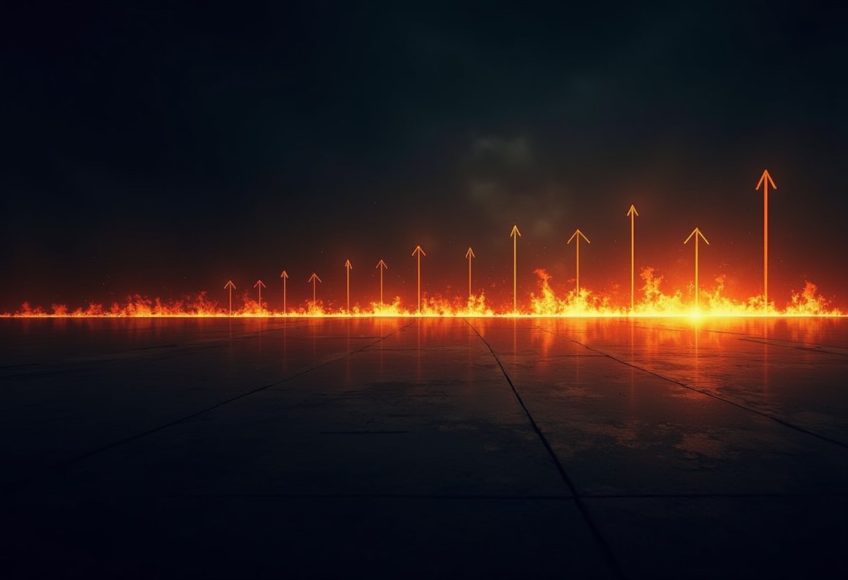 A row of glowing orange arrows of increasing height rise from a horizontal line of flames on a dark reflective floor under a smoky sky.