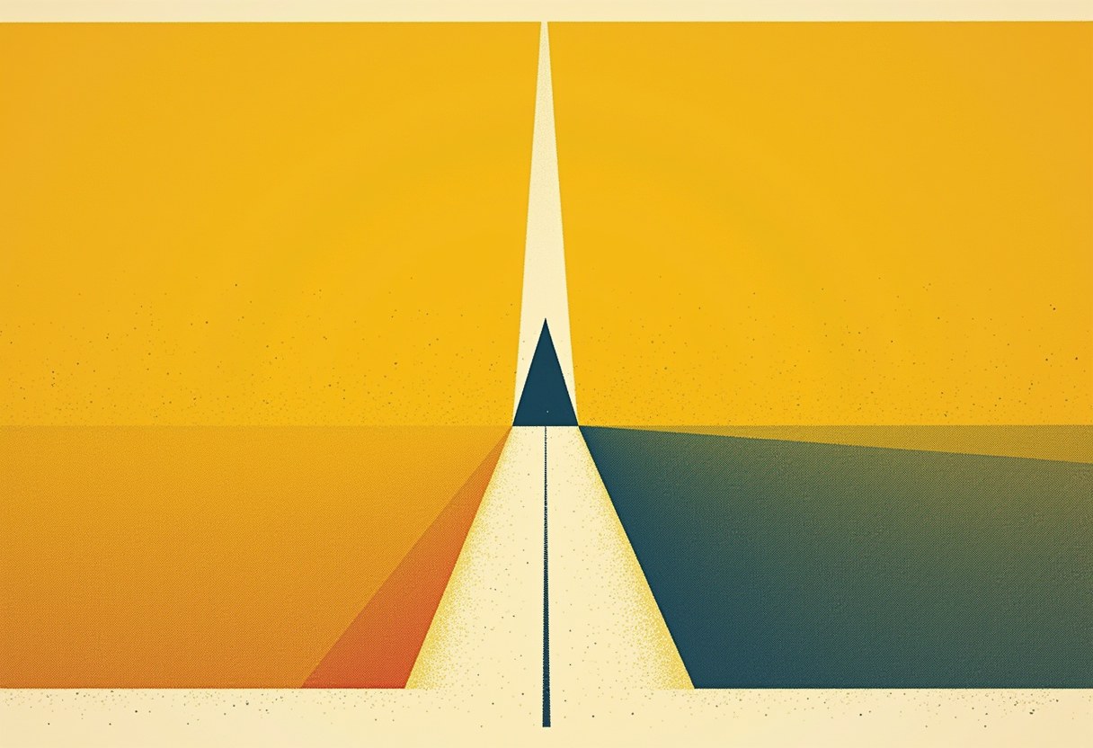 A pale vertical line splits a yellow field, with a dark blue triangular spike at center and orange and teal triangles fanning out below it.