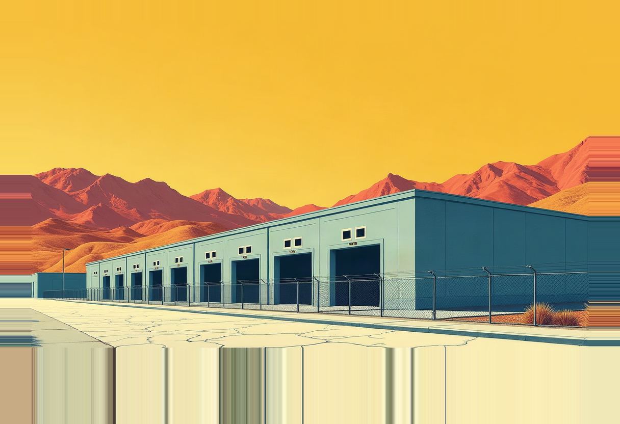 A long blue-gray warehouse with a row of small dark garage doors sits behind a chain-link fence, set against red-orange desert mountains under a yellow sky.