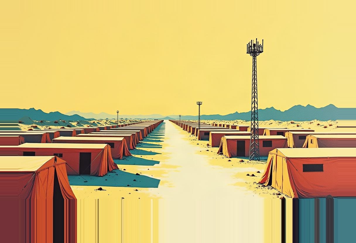 Illustrated desert tent camp with rows of orange and tan canvas tents lining a central path, a tall cell tower on the right, and blue mountains under a pale yellow sky.
