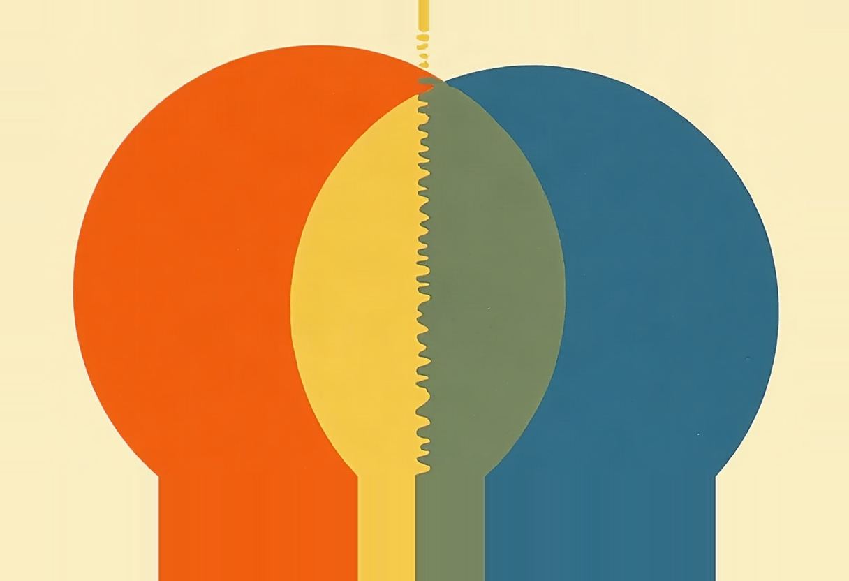 Two overlapping circles on a cream background, one orange and one blue, their green overlap bisected by a jagged yellow vertical line.