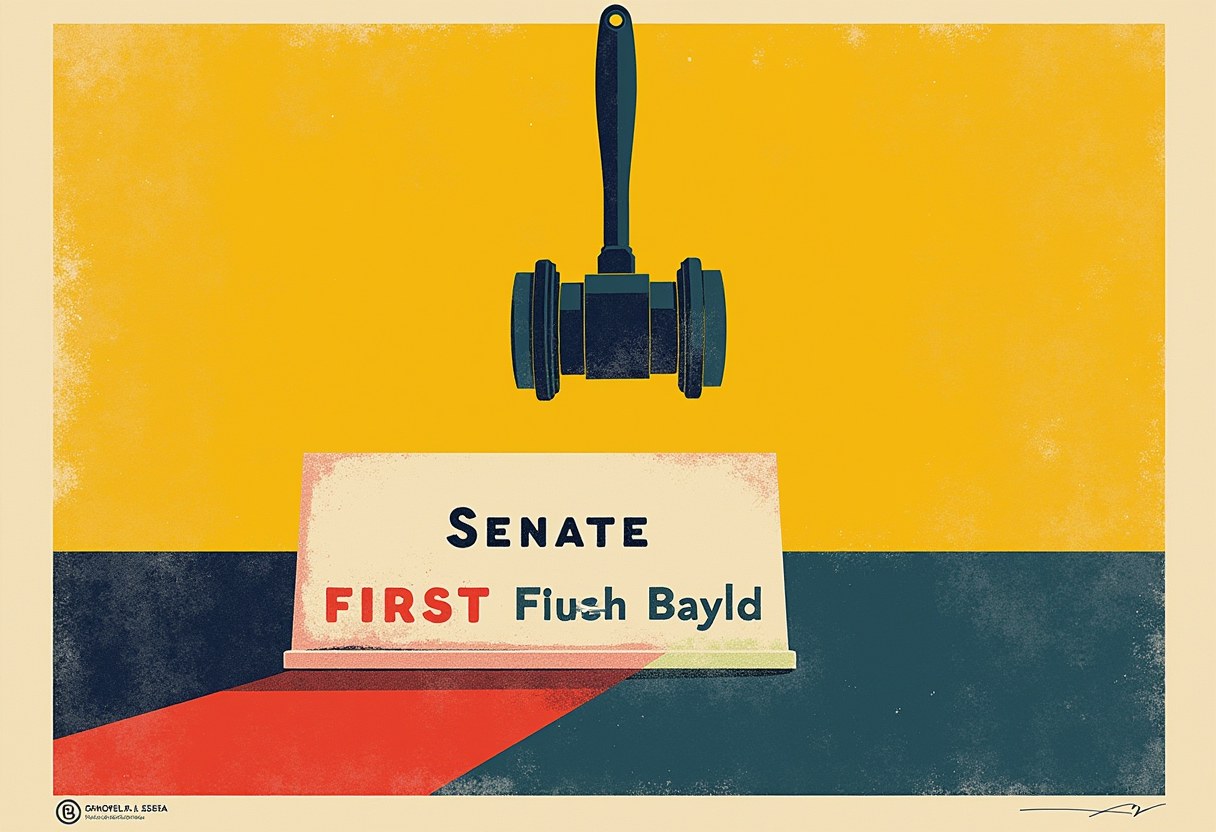 A dark gavel hovers over a nameplate reading 'Senate FIRST Fiush Bayld' in garbled text, on a yellow and teal split background.