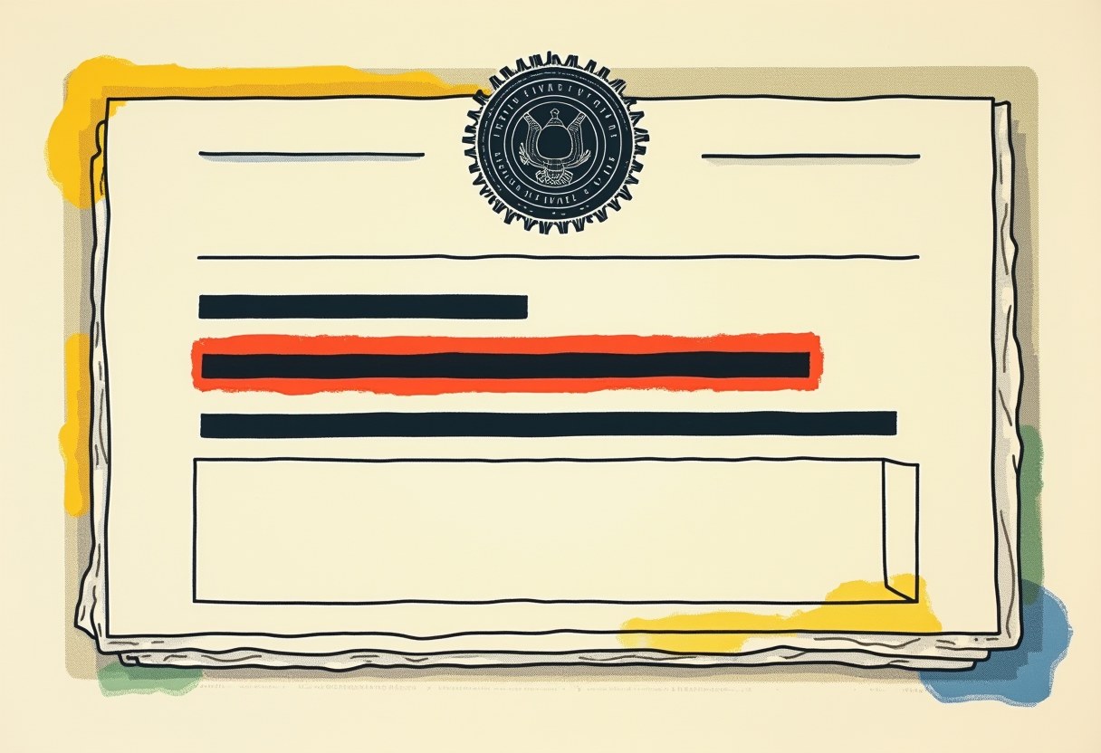 Illustration of a stacked paper document with a round navy government seal at top and rows of black redaction bars, one highlighted in orange, with yellow, blue and green paint smudges at the edges.