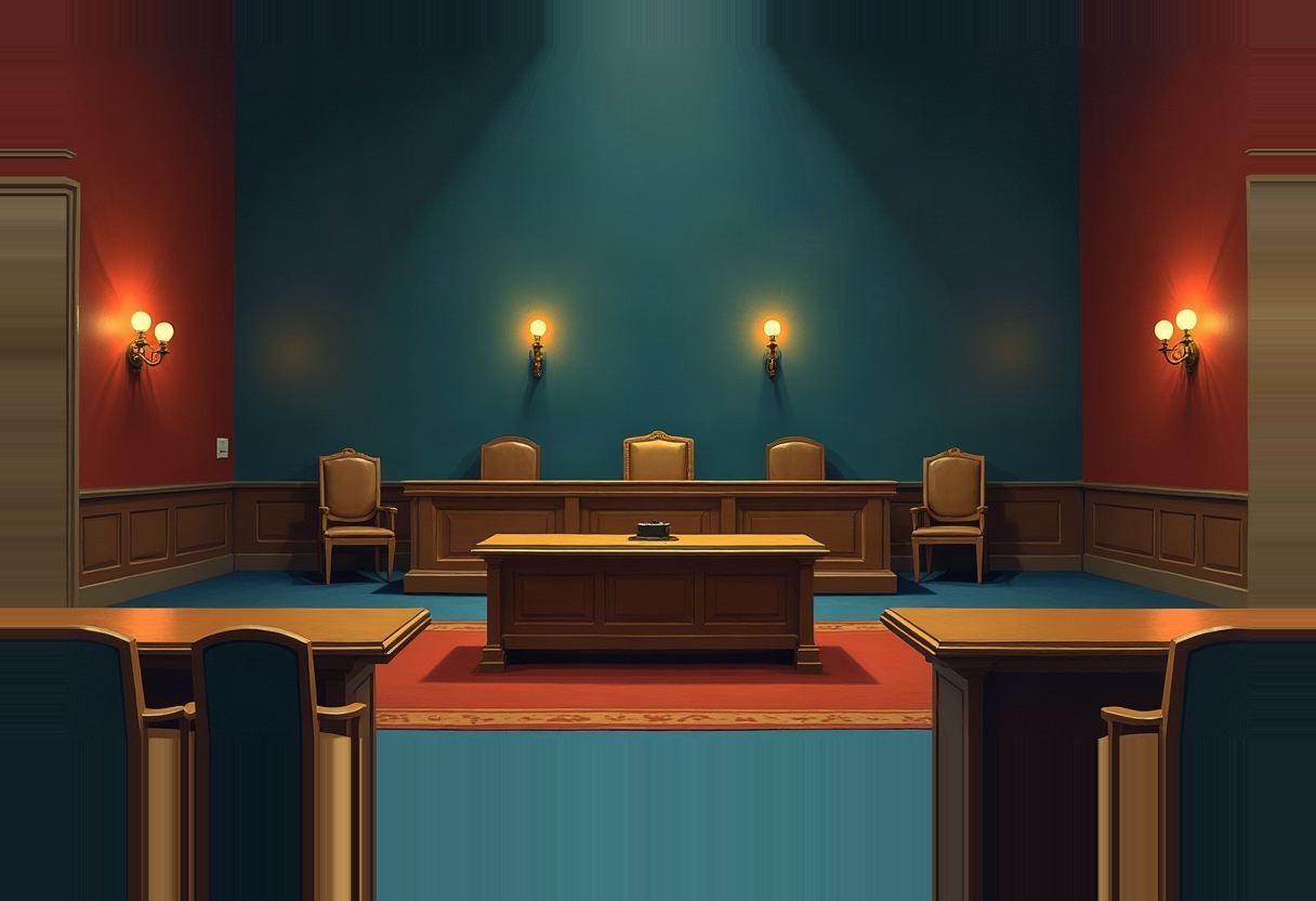 An empty hearing room with a raised wooden dais, five empty chairs, a central podium desk, red walls, teal back wall, and blue carpet lit by wall sconces.