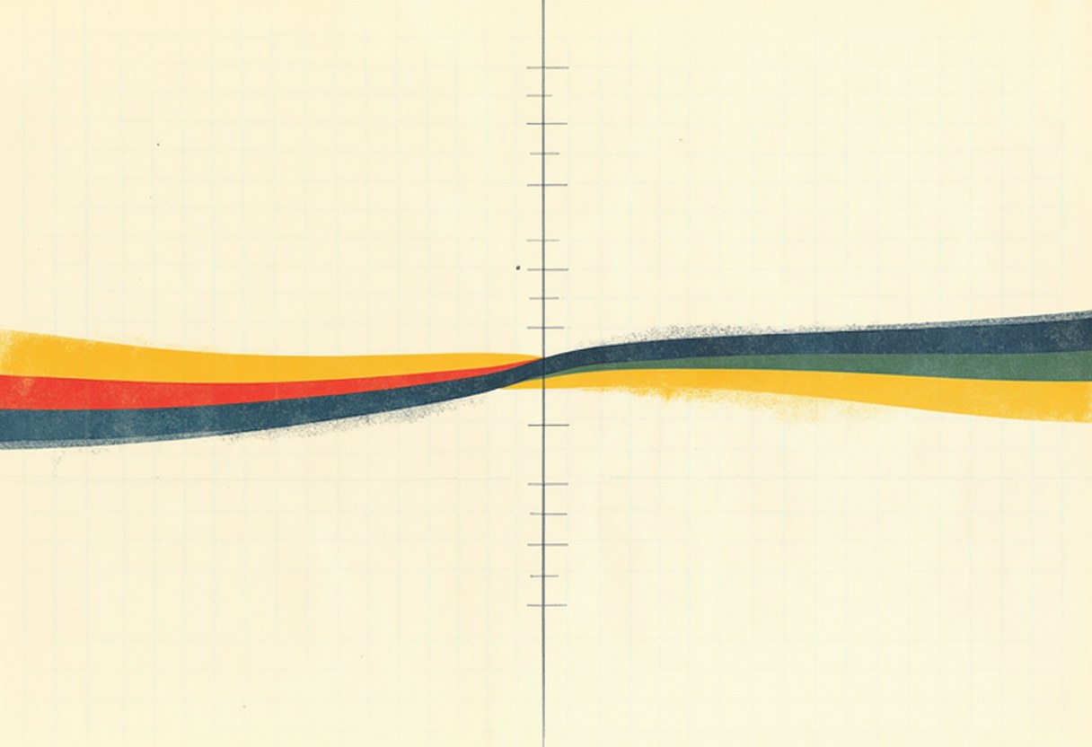 Horizontal bands of yellow, red, dark teal, and green swap vertical order as they cross a tick-marked vertical axis line on a graph-paper background.