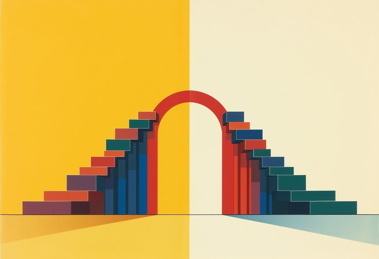 A tall red arch stands between yellow and cream backgrounds, with two staircases of colorful rectangular blocks in blue, red, teal and purple rising from the ground to meet it on each side.