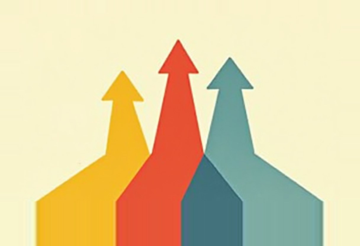 Three tall arrows pointing straight up — yellow, red, and teal — angled steeply upward against a pale cream background.