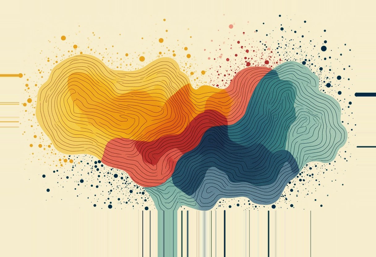 Overlapping blob shapes in yellow, orange, red, and teal with concentric contour-line patterns, surrounded by scattered dots and thin dripping vertical lines below, on a cream background.
