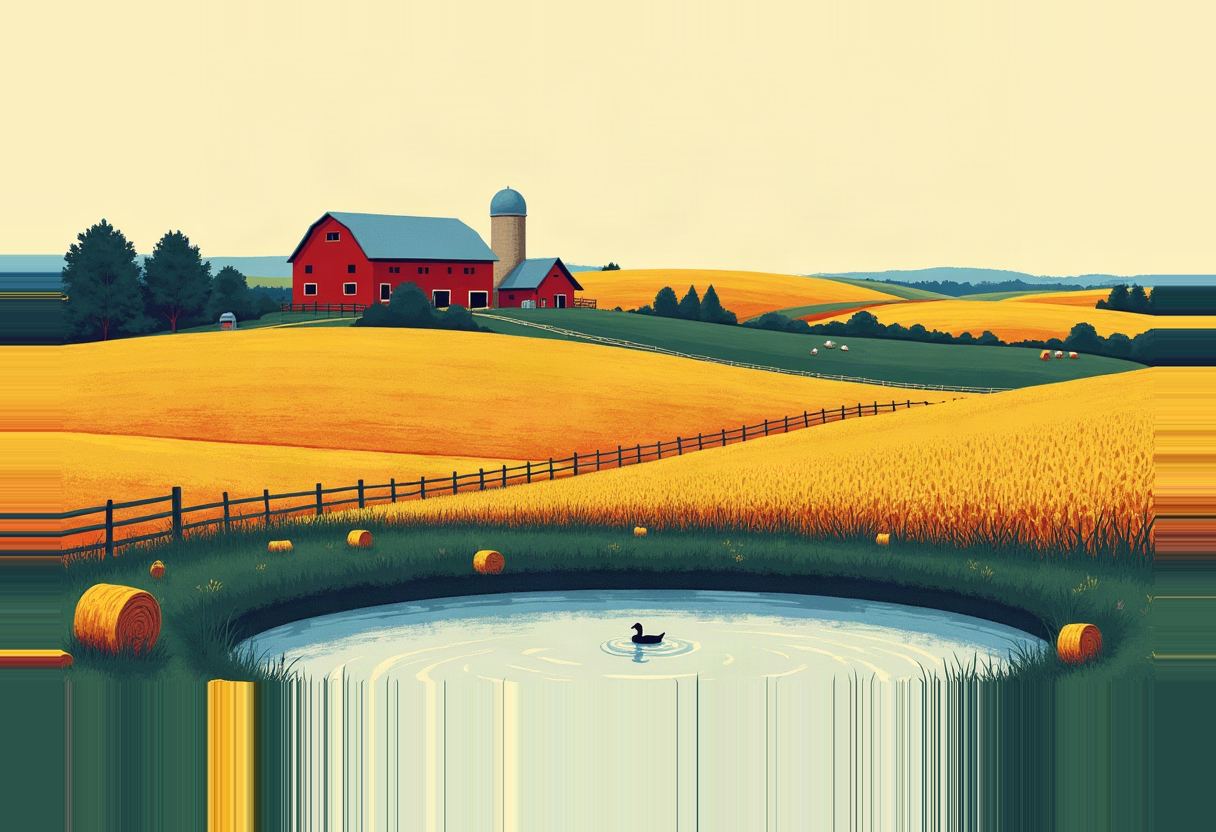 Illustrated red barn and silo on rolling golden wheat hills with a fenced path, hay bales, a round pond with a duck, and vertical pixel-streak glitch artifacts across the bottom third.