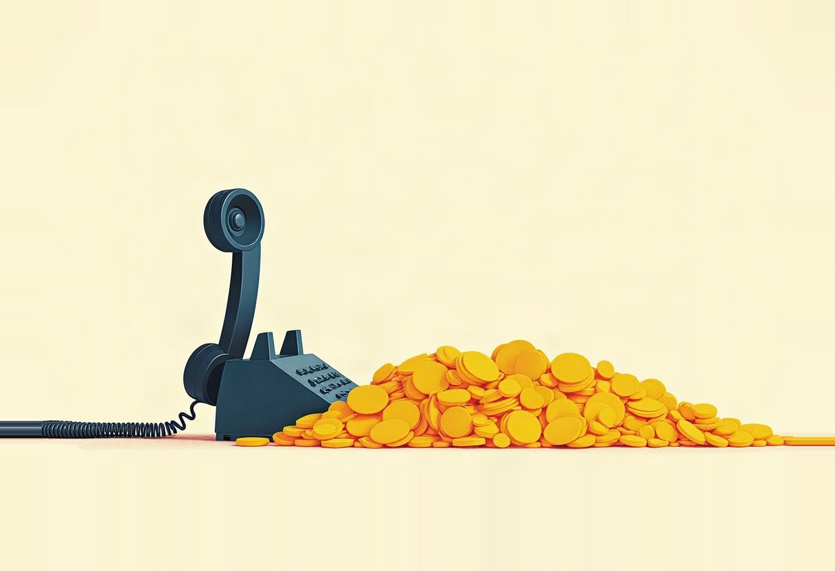 A dark landline telephone receiver rests beside its base, with a large pile of gold coins spilling beside it, against a pale yellow background.