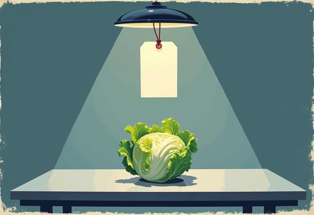 A single head of lettuce sits on a table under a hanging interrogation-style lamp, with a blank tag hanging from the lamp above it, against a dark teal background.