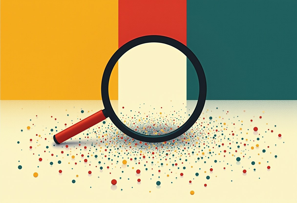 A large magnifying glass with a red handle hovers over scattered red, yellow, and teal dots, set against three vertical color-block panels.