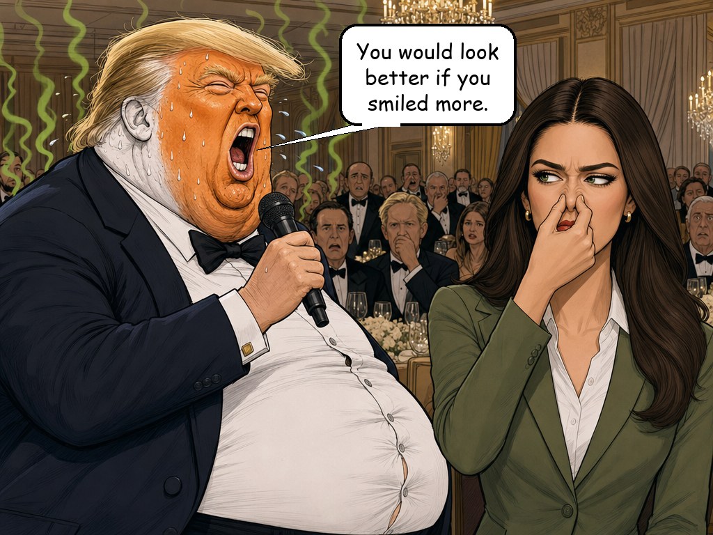 Cartoon of a sweating, orange-faced man in a tuxedo shouting into a microphone with green stink lines and a speech bubble reading 'You would look better if you smiled more,' beside a woman in a green blazer pinching her nose, with a blurred banquet crowd behind them.