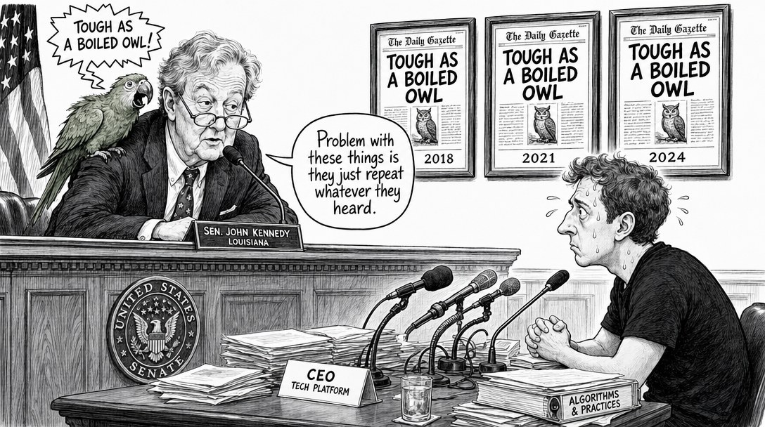 A black-and-white cartoon of a senator with a green parrot on his shoulder saying 'Tough as a boiled owl' behind a 'Sen. John Kennedy Louisiana' nameplate, facing a sweating young man labeled 'CEO Tech Platform' at a table with microphones, papers, and a book titled 'Algorithms & Practices', with th