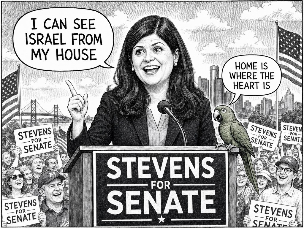 Black-and-white drawing of a woman speaking at a 'Stevens for Senate' podium, a green parrot beside her, cheering crowd with signs, flags, bridge and skyline behind.