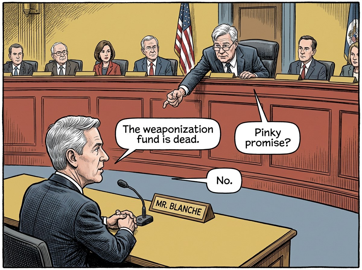 A gray-haired man behind a nameplate reading 'MR. BLANCHE' says 'The weaponization fund is dead,' a lawmaker leaning over a dais points and asks 'Pinky promise?', and someone off-panel replies 'No,' before rows of seated committee members and a U.S. flag.