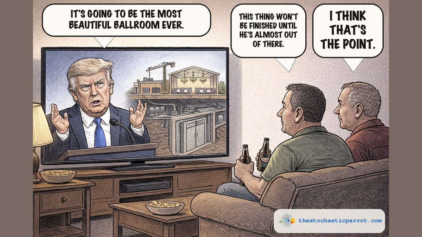 Editorial cartoon. Two men sit on a couch with beers watching television. On the screen, President Trump stands at a lectern with both hands raised, saying 'IT'S GOING TO BE THE MOST BEAUTIFUL BALLROOM EVER.' Behind him is a cutaway of the construction site: a thin, delicate ballroom shell with chandeliers perched on top of an enormous concrete underground bunker with a massive steel blast door. The first man says, 'THIS THING WON'T BE FINISHED UNTIL HE'S ALMOST OUT OF THERE.' The second man replies, 'I THINK THAT'S THE POINT.'