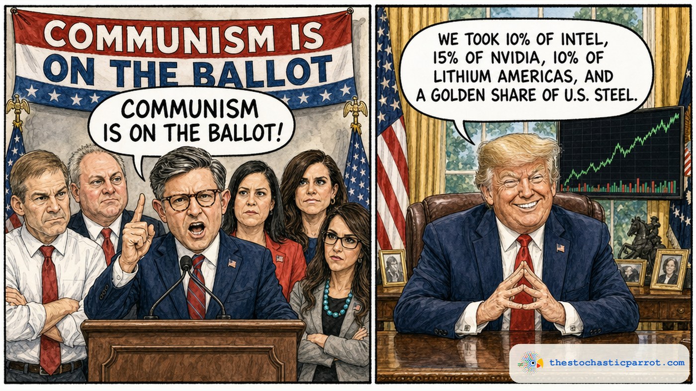 Two-panel editorial cartoon. LEFT: a Republican press conference under a banner reading COMMUNISM IS ON THE BALLOT — Mike Johnson at the podium, finger raised, shouting COMMUNISM IS ON THE BALLOT!, flanked by Jim Jordan, Steve Scalise, Elise Stefanik, Nancy Mace, and Lauren Boebert looking grave. RIGHT: Trump in the Oval Office behind the Resolute Desk, fingers tented, grinning under a rising stock ticker, saying WE TOOK 10% OF INTEL, 15% OF NVIDIA, 10% OF LITHIUM AMERICAS, AND A GOLDEN SHARE OF U.S. STEEL.