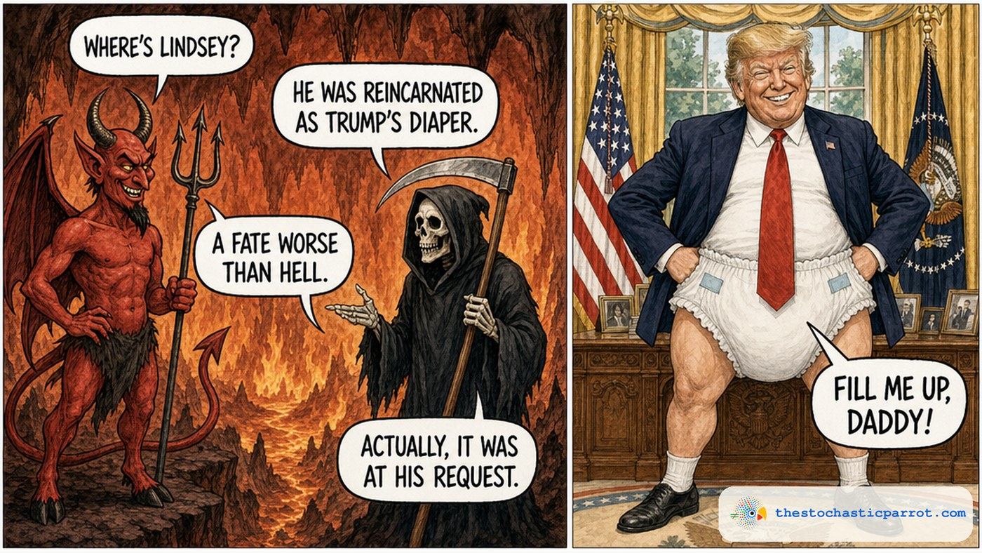 Two-panel editorial cartoon. LEFT, in Hell: Satan asks WHERE'S LINDSEY?; the Grim Reaper answers HE WAS REINCARNATED AS TRUMP'S DIAPER. Satan: A FATE WORSE THAN HELL. The Reaper: ACTUALLY, IT WAS AT HIS REQUEST. RIGHT, the Oval Office: Trump stands grinning in an oversized diaper, a speech balloon reading FILL ME UP, DADDY!