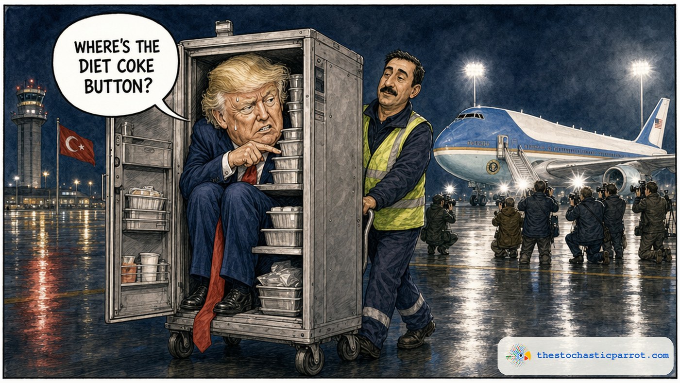 Editorial cartoon. Night on an airport tarmac in Turkey: President Trump, sweating and nervous, is crammed inside a metal airline catering cart among the meal trays, jabbing a finger at the cart shelf. A catering worker in a hi-vis vest wheels him across the tarmac while, in the background, a floodlit Air Force One sits as a decoy with press photographers pointing cameras at the empty plane. Trump's speech balloon reads WHERE'S THE DIET COKE BUTTON?
