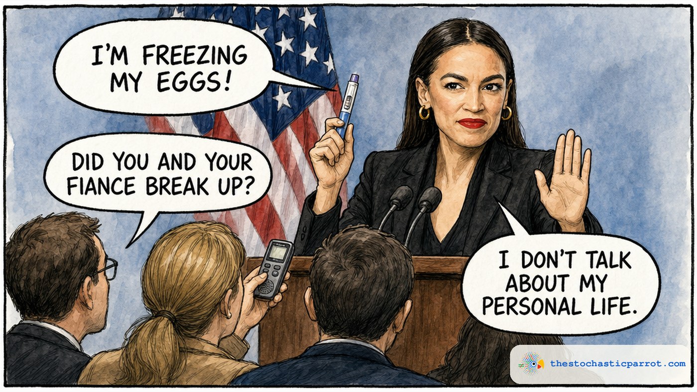 Single-panel editorial cartoon at a press conference. Congresswoman Alexandria Ocasio-Cortez stands at a podium holding up a fertility injection pen in one hand and raising her other hand in a stop gesture, looking prim. Her speech balloon reads I'M FREEZING MY EGGS! A foreground reporter's balloon reads DID YOU AND YOUR FIANCE BREAK UP? Her second balloon reads I DON'T TALK ABOUT MY PERSONAL LIFE.